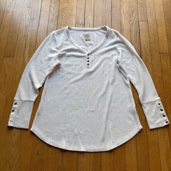 Chaser Size XL White Y2K Textured Waffle Knit Thermal Henley Long Sleeve Top - Picture 5 of 14